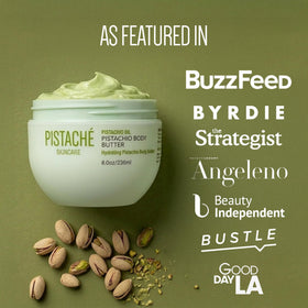 Pistaché Skincare packaging detail showing eco-friendly wind energy printed label