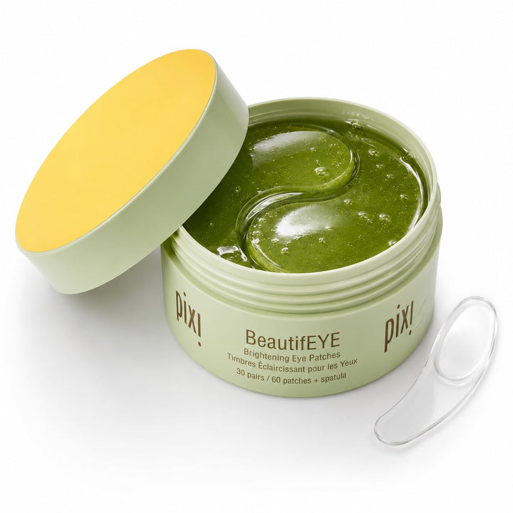 Pixi jar front view showing beautifEYE hydrogel patches for quick brightening