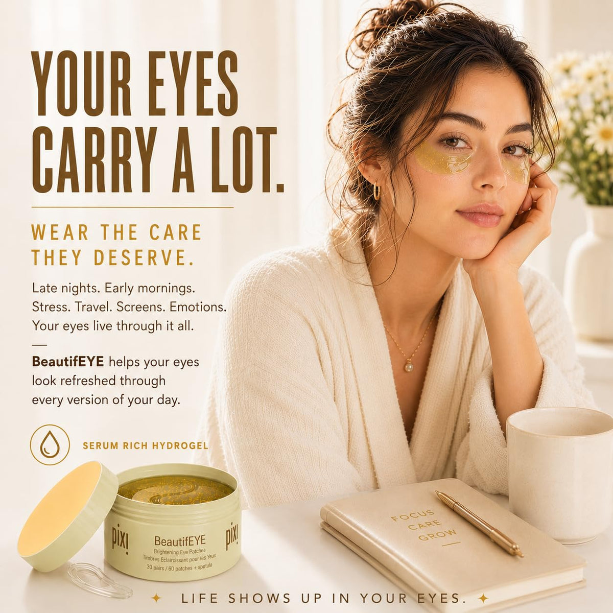 Pixi packaging spread showing jar, patches, and informational leaflet for users