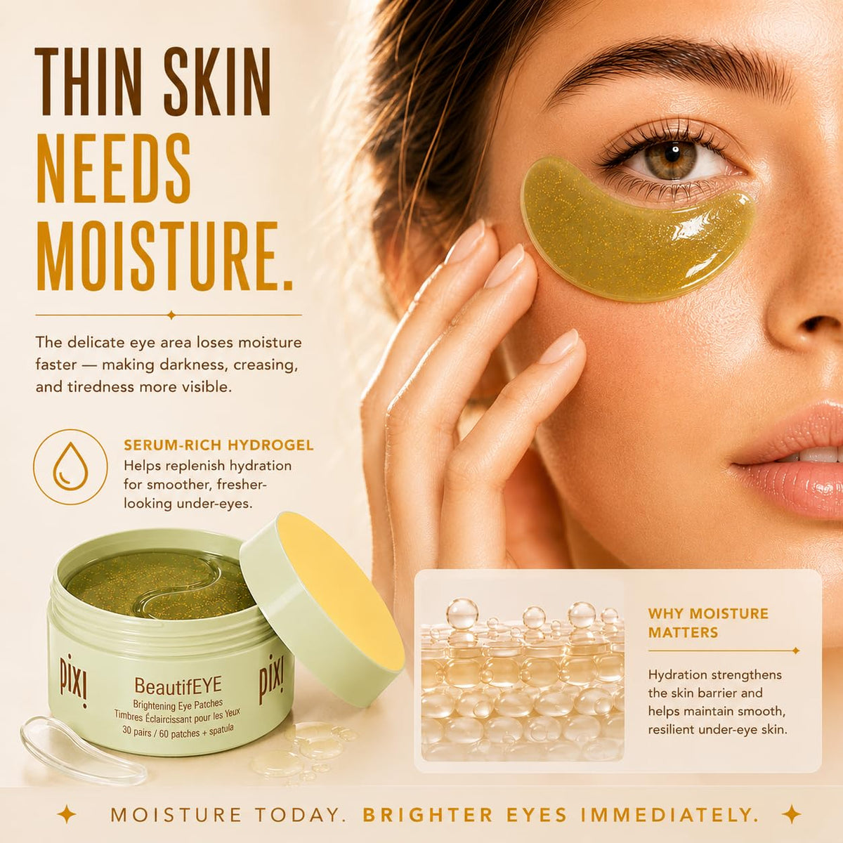 Pixi hydrogel patch lifting with serum droplet illustrating rich nourishing delivery