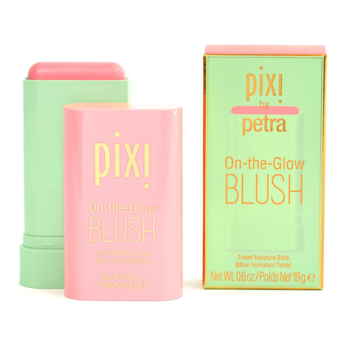 Pixi blush stick front packaging showing Fleur shade and benefits