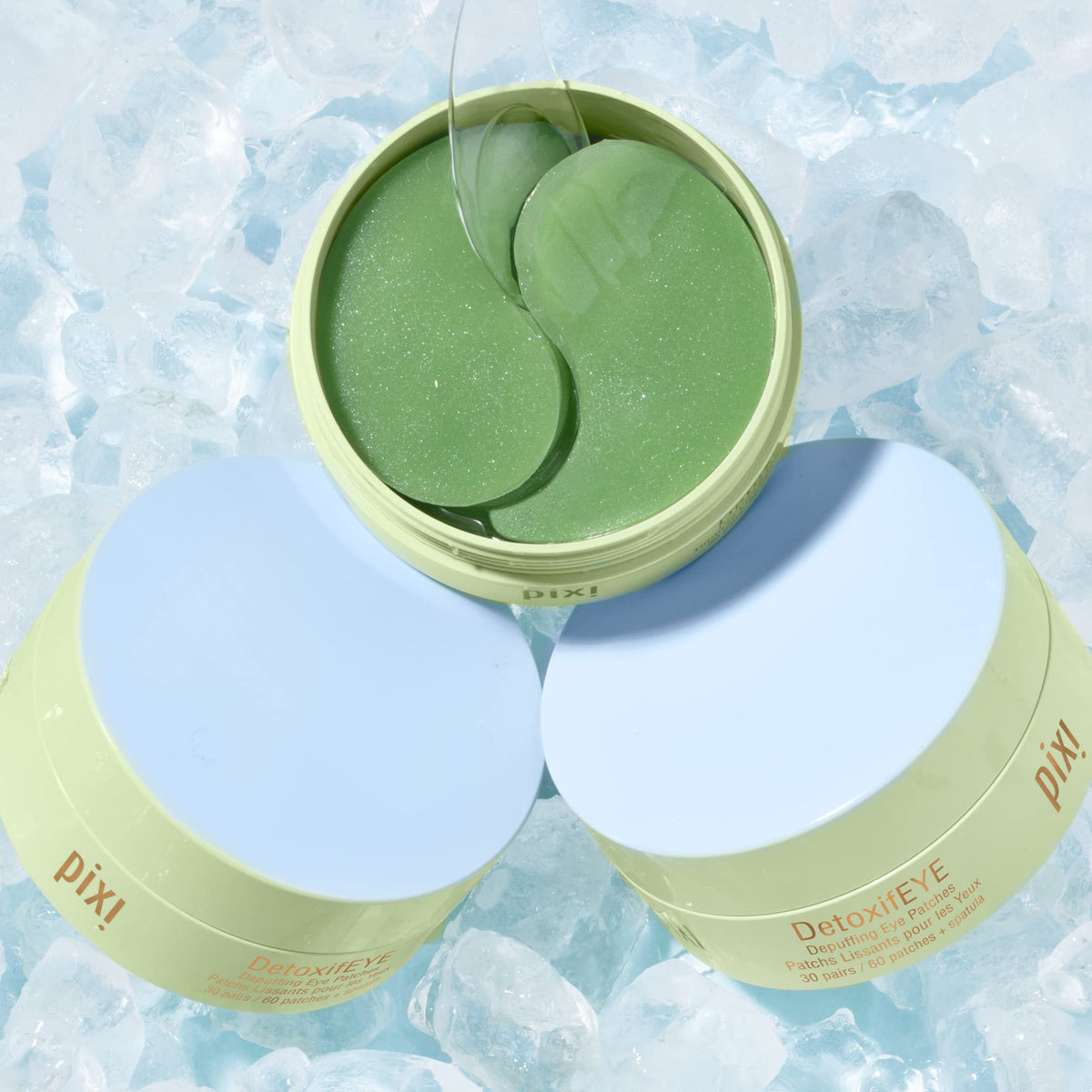 Model applying Pixi DetoxifEYE patches under eyes to reduce puffiness and brighten
