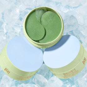 Model applying Pixi DetoxifEYE patches under eyes to reduce puffiness and brighten