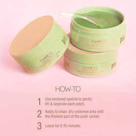 Person applying Pixi FortifEYE patch under eye demonstrating de-puffing