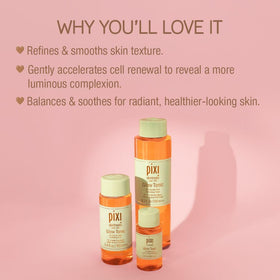 Close-up of Pixi Glow Tonic ingredient label showing 5% glycolic acid and calming botanicals