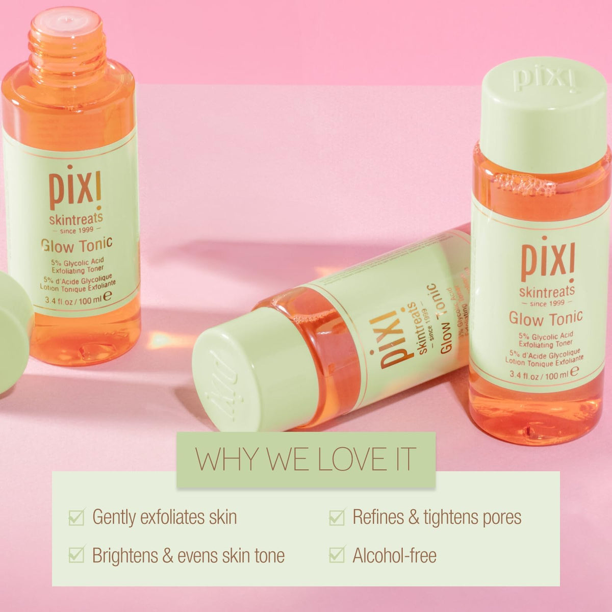 Pixi Glow Tonic staged in bathroom routine conveying daily brightening benefit