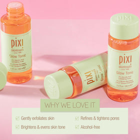 Pixi Glow Tonic staged in bathroom routine conveying daily brightening benefit