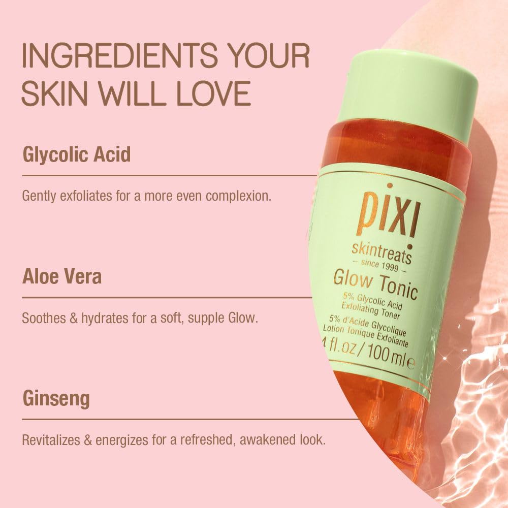 Pixi Glow Tonic on a bathroom shelf styled in a routine setting for daily ritual convenience
