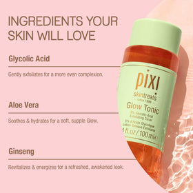 Pixi Glow Tonic on a bathroom shelf styled in a routine setting for daily ritual convenience