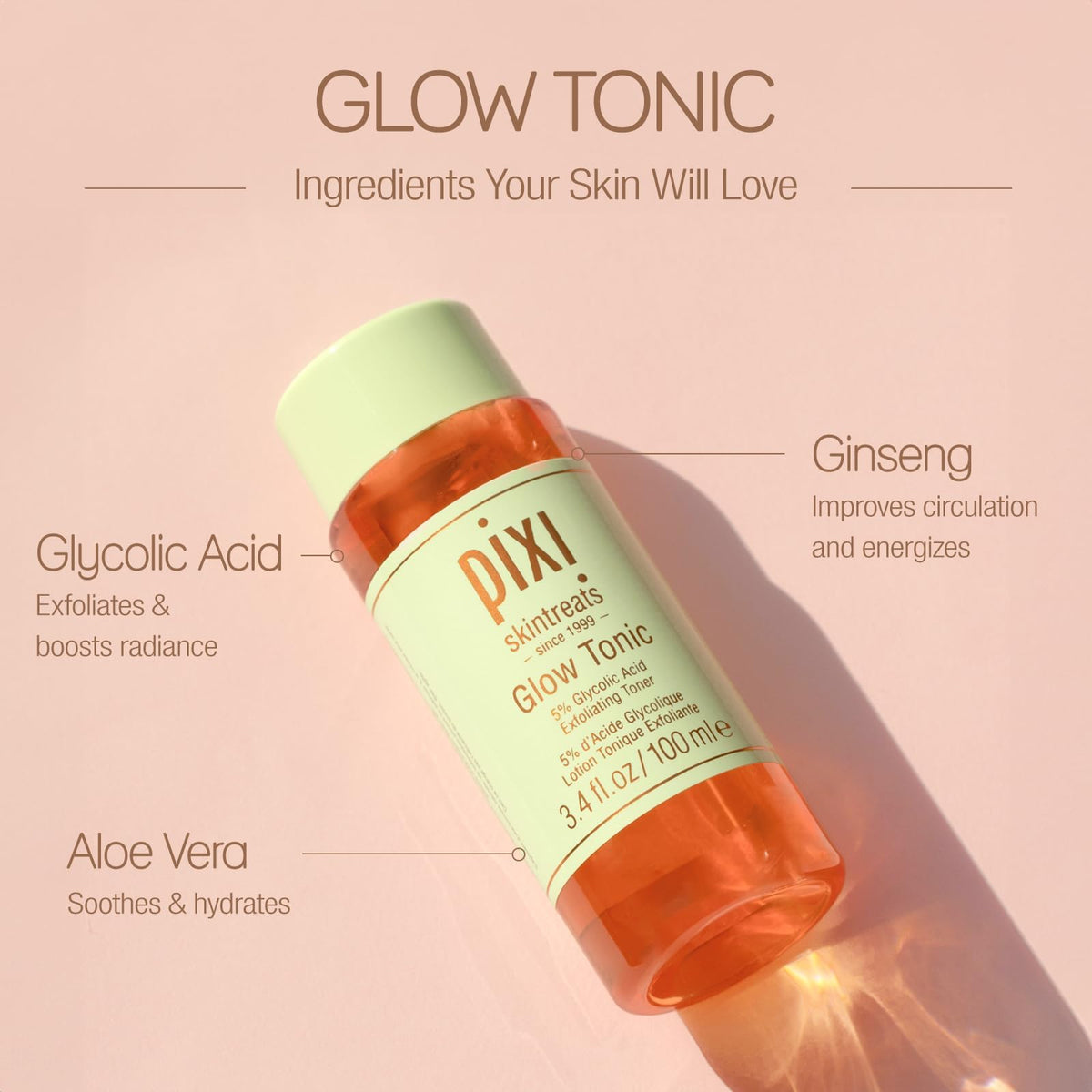 Pixi Glow Tonic on cotton pad demonstrating easy application and exfoliating effect