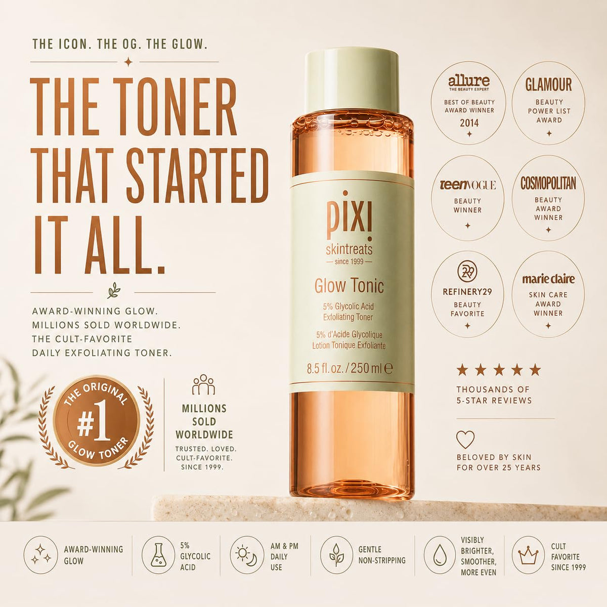 Pixi Glow Tonic pouring onto a surface highlighting lightweight texture and fast absorption