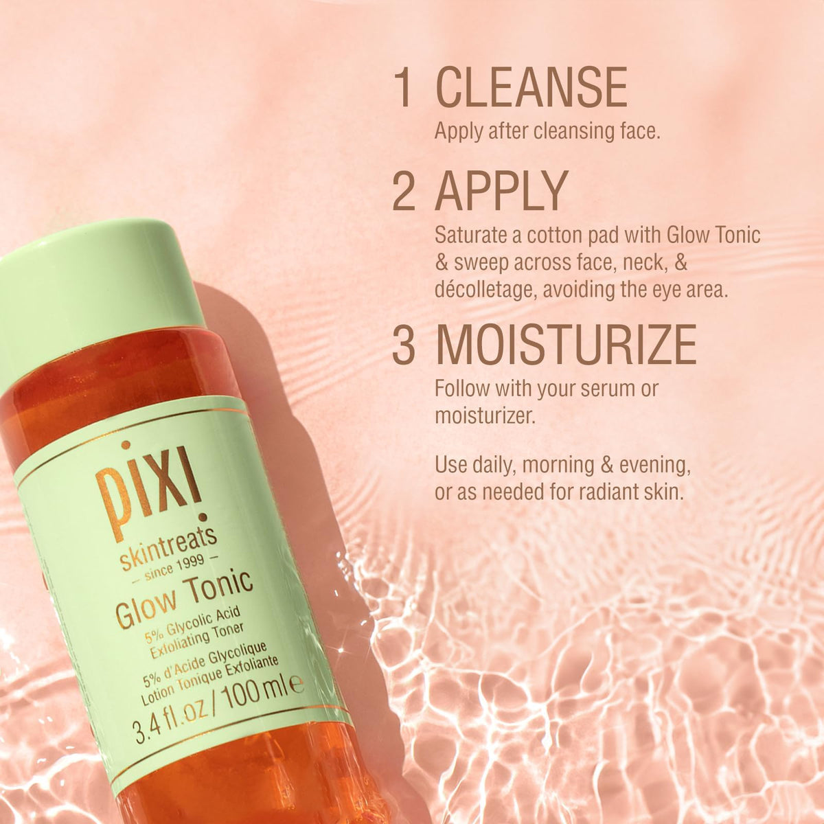 Pixi Glow Tonic held in hand showing 3.4 fl oz size for travel-friendly convenience