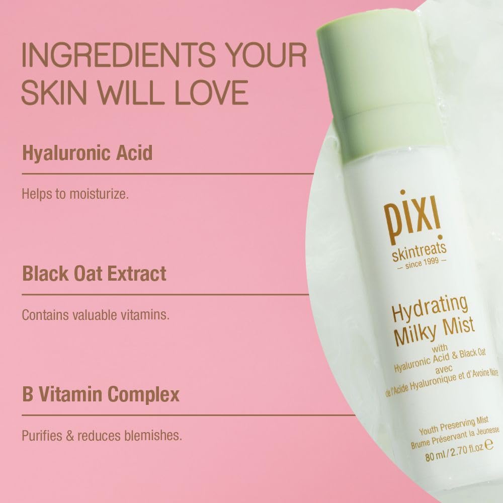 Pixi Milky Mist spritzed over makeup illustrating refresh without smudging and dewy finish