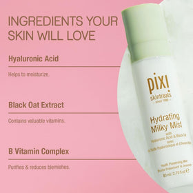 Pixi Milky Mist spritzed over makeup illustrating refresh without smudging and dewy finish