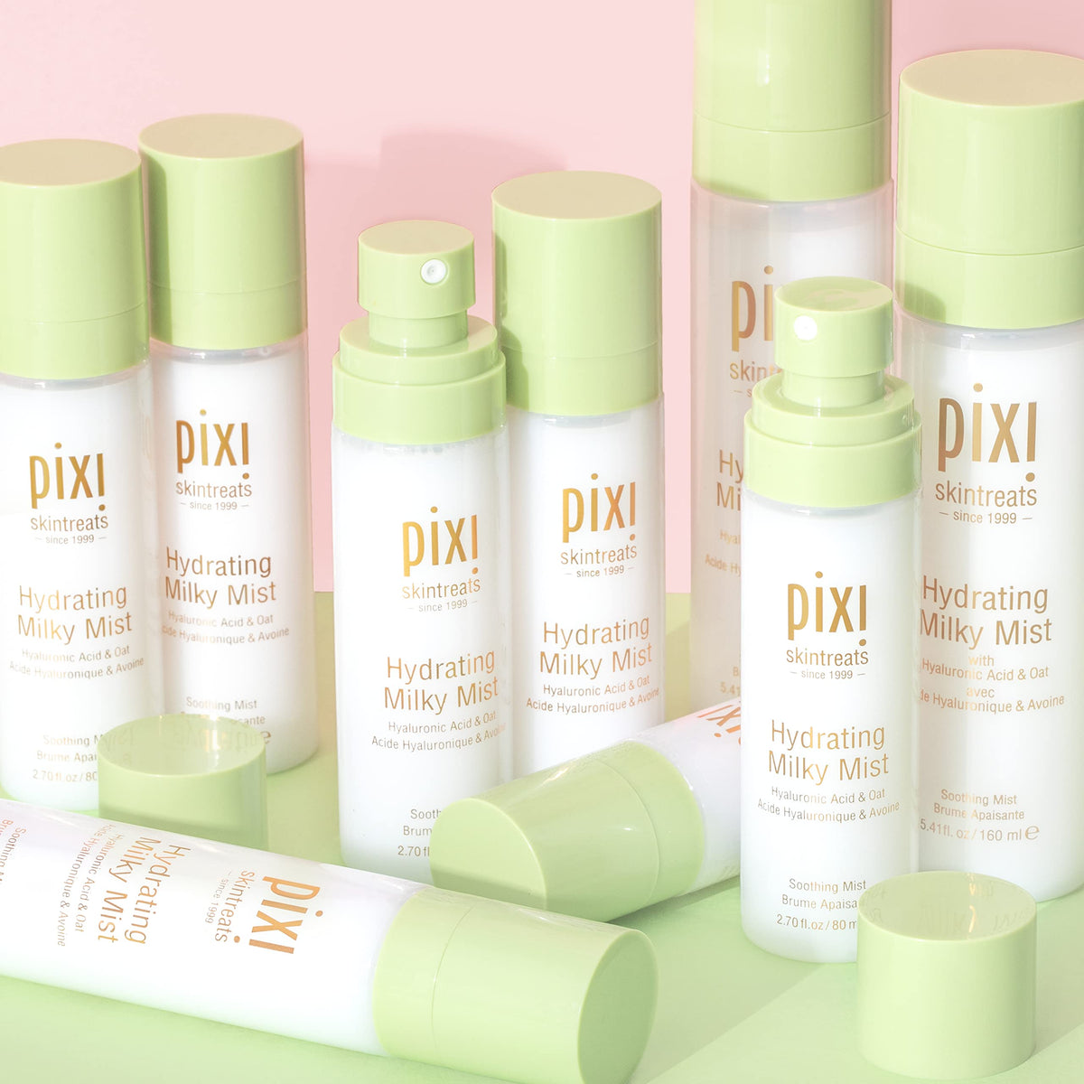 Pixi Milky Mist next to a ruler for size comparison showing the 2.7 fl oz travel-friendly benefit