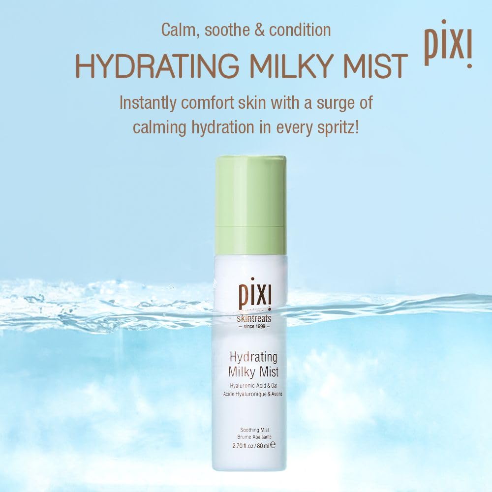 Pixi Milky Mist spraying fine mist into air demonstrating even coverage and fast-absorbing hydration