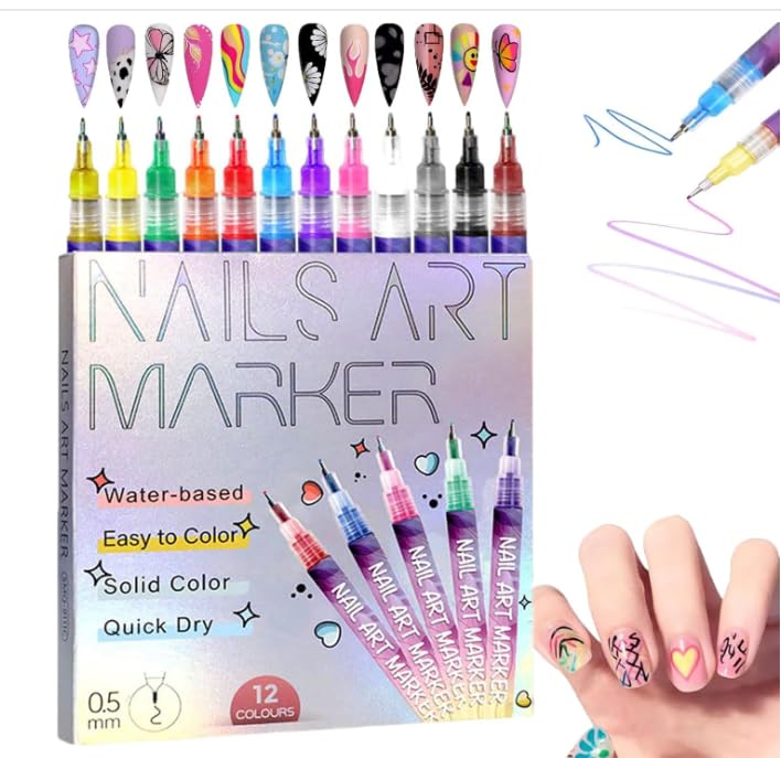Piyupor front packaging showing set of 12 vibrant nail pens and branding benefits
