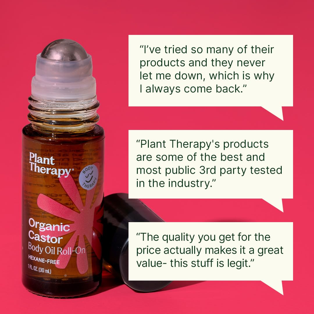 Plant Therapy roll-on with warm compress setup for castor oil pack preparation