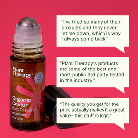Plant Therapy roll-on with warm compress setup for castor oil pack preparation
