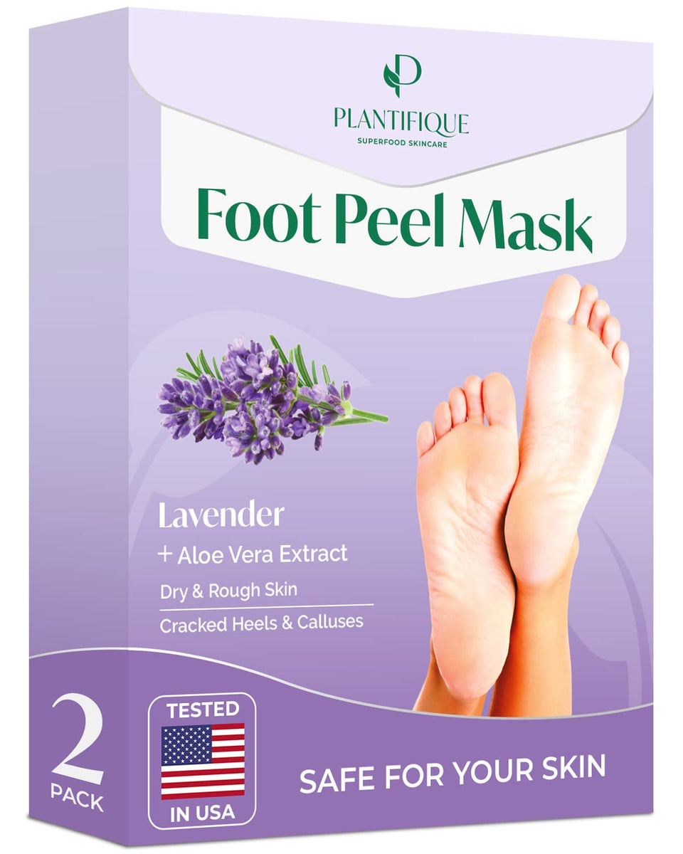 PLANTIFIQUE front packaging showing two lavender foot peel masks and benefits