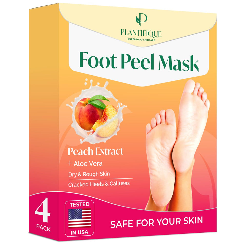 PLANTIFIQUE front packaging showing peach foot peel benefits and four treatments