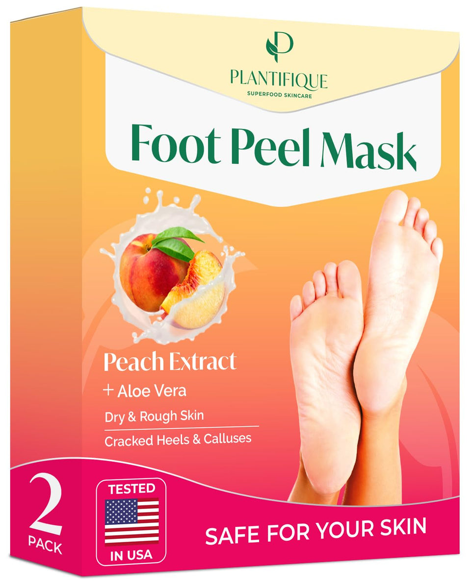 PLANTIFIQUE front packaging of peach foot peel mask showing product benefits for softer feet
