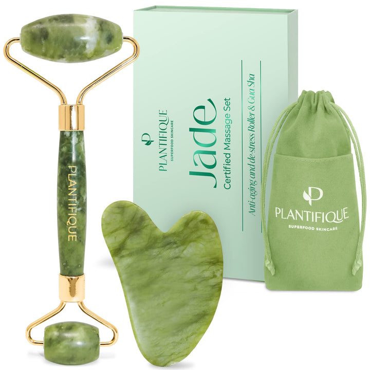 PLANTIFIQUE front packaging displaying jade roller and gua sha for refreshed complexion
