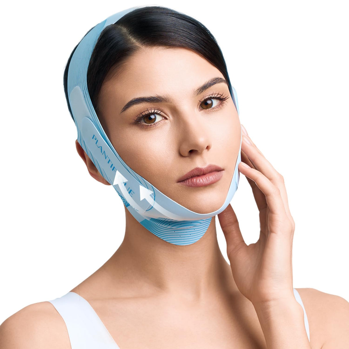 PLANTIFIQUE front view of blue chin strap showing V-line shape and support