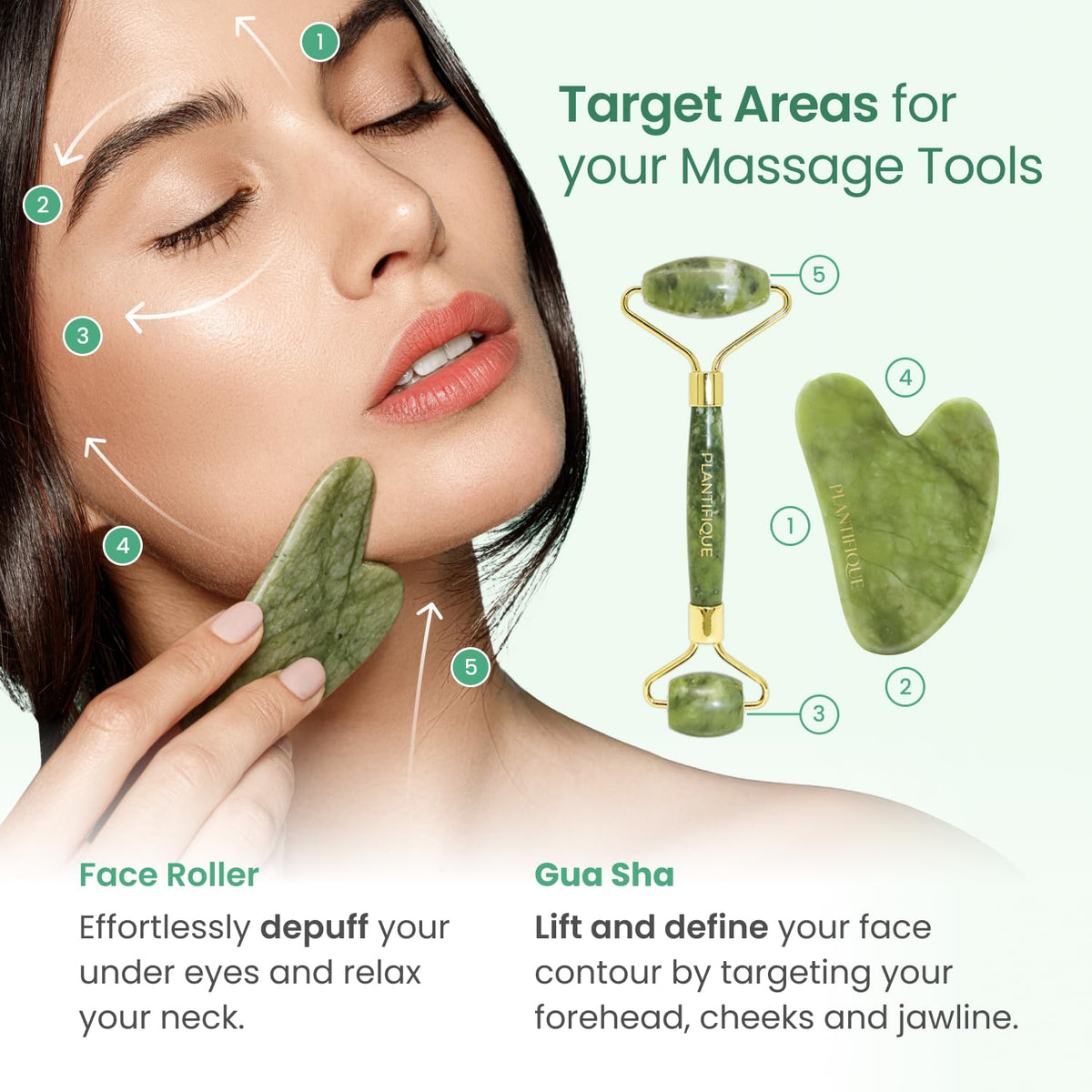 PLANTIFIQUE gua sha held in hand illustrating ergonomic shape for facial contouring