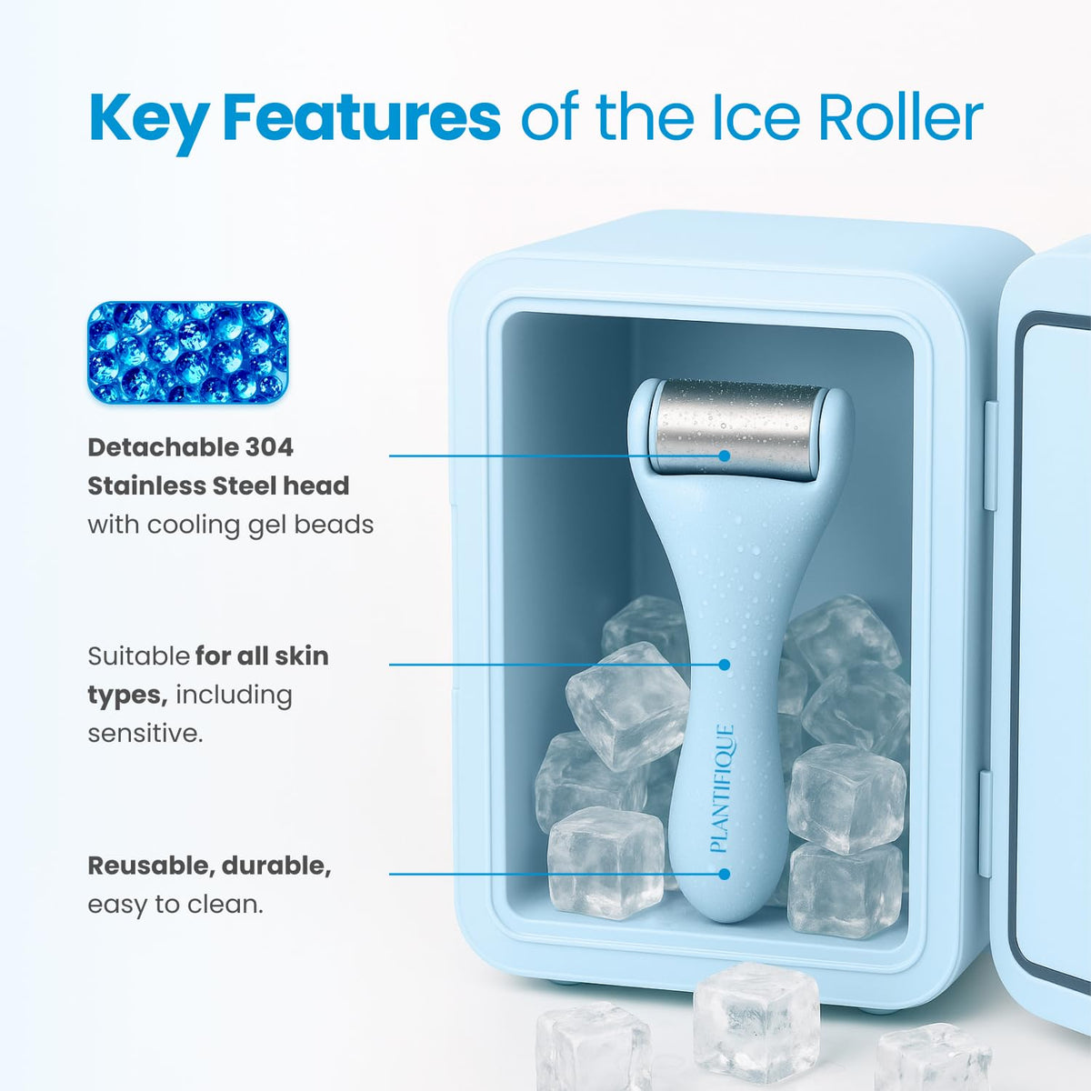 PLANTIFIQUE ice roller head detail highlighting cool stainless surface for rapid cooling benefit