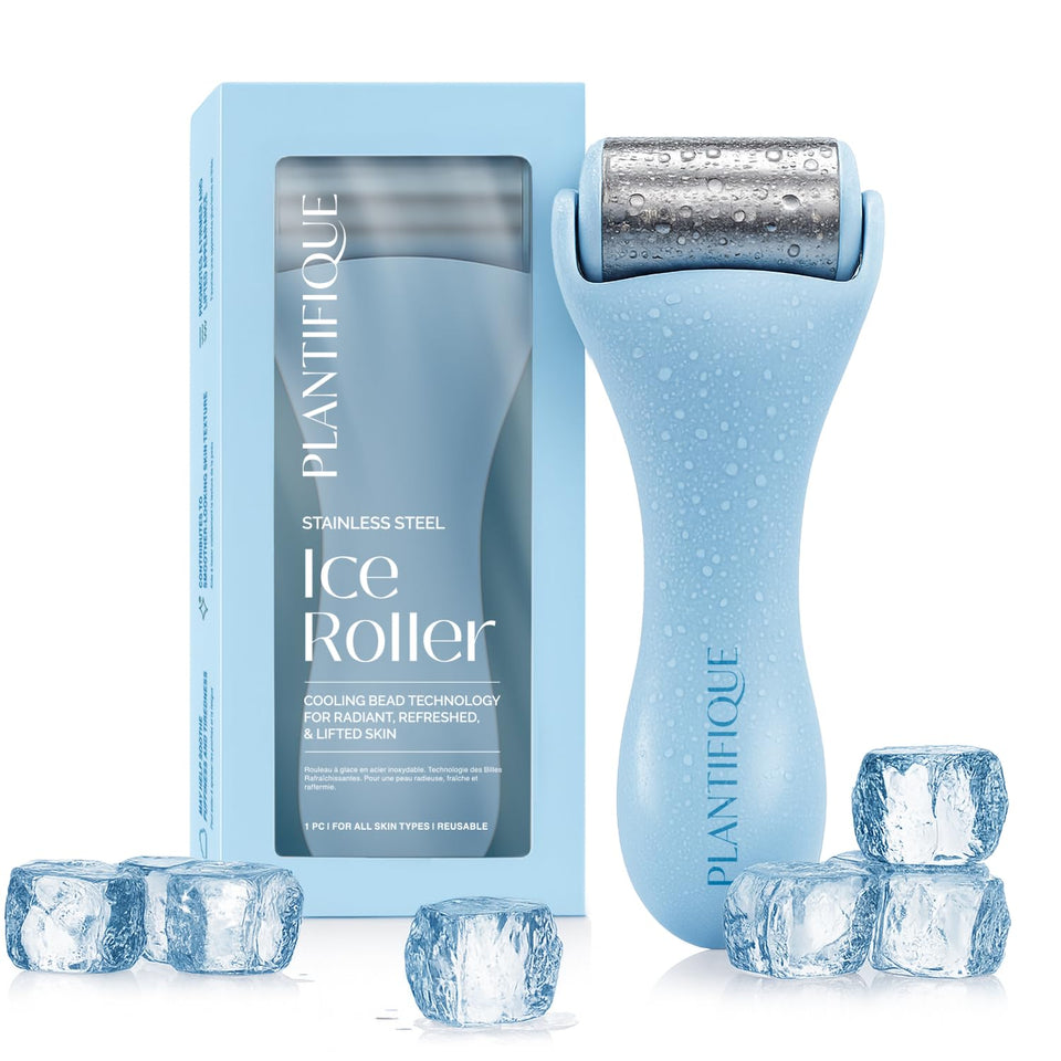 PLANTIFIQUE ice roller front view showing stainless steel head and ergonomic handle for cooling benefits