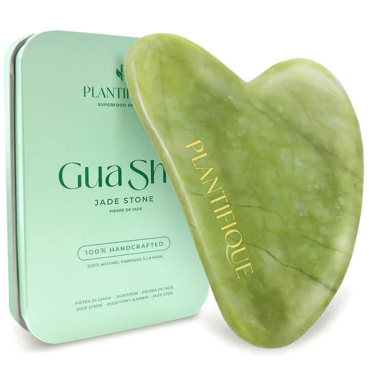 PLANTIFIQUE jade gua sha front view showing smooth polished surface and shape benefits