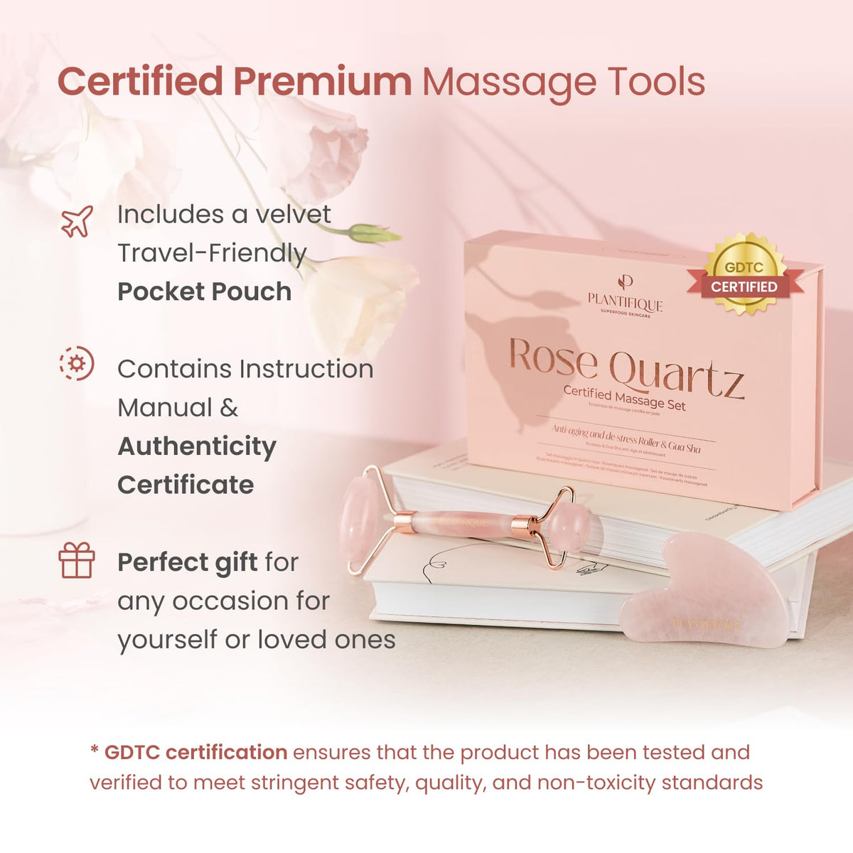 PLANTIFIQUE compact travel packaging with roller and gua sha for on-the-go skincare routines