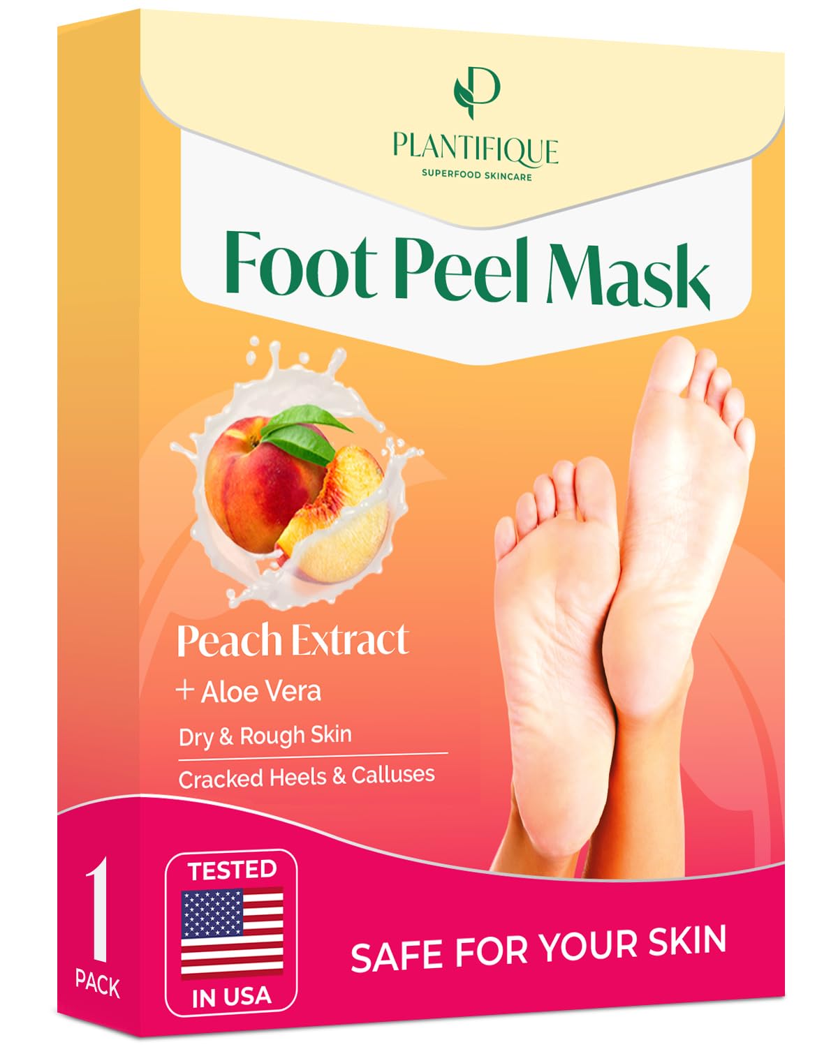 PLANTIFIQUE front packaging showing peach foot peeling mask benefits