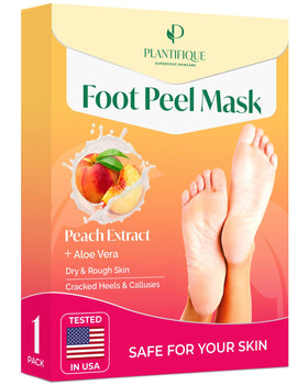 PLANTIFIQUE front packaging showing peach foot peeling mask benefits