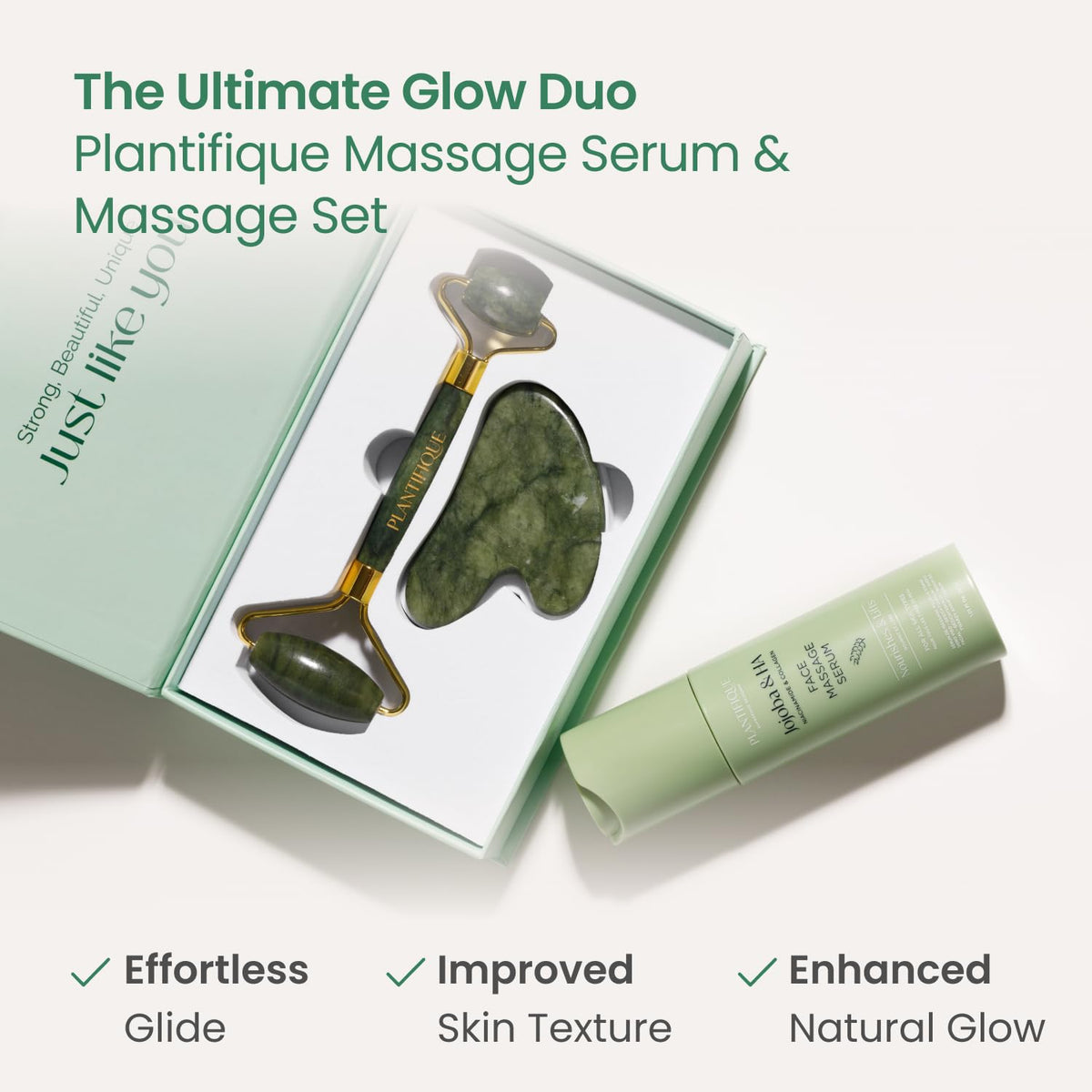PLANTIFIQUE roller in use on cheek demonstrating improved product absorption and glow