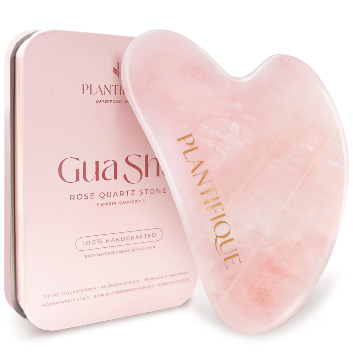 PLANTIFIQUE rose quartz front view showing ergonomic shape and lifting benefit