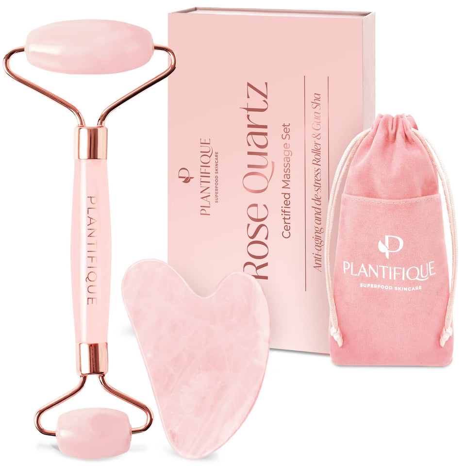 PLANTIFIQUE rose quartz roller front view showing smooth stone and calming color, promotes radiant skin