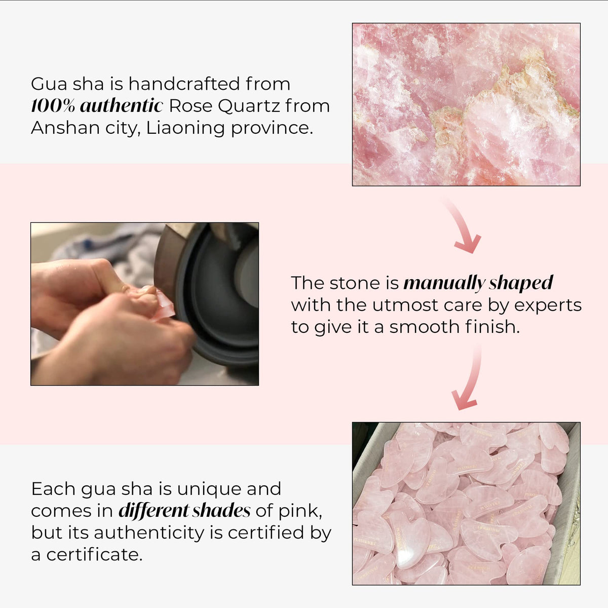 PLANTIFIQUE rose quartz edge detail showing polished finish and precise contouring benefit