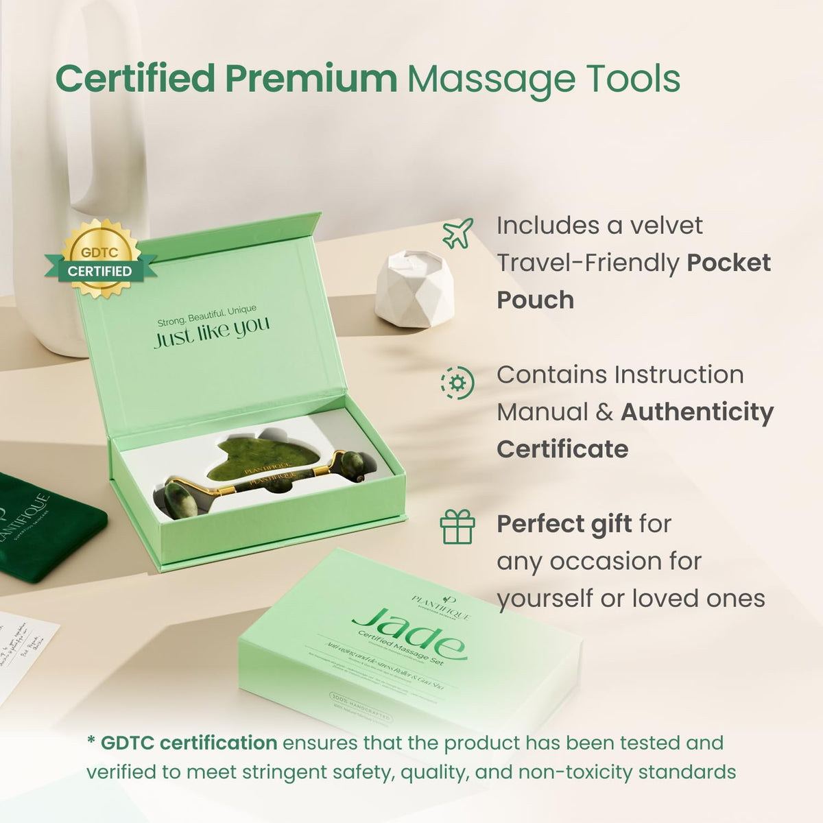 PLANTIFIQUE set in a travel pouch styled on vanity for easy on-the-go self-care