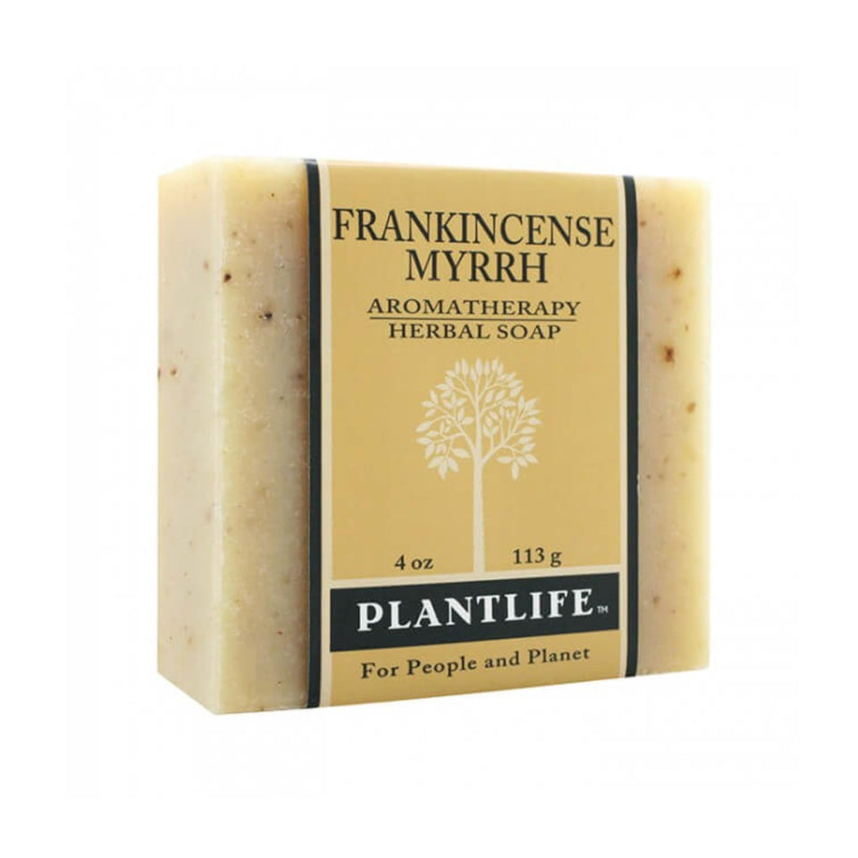 Plantlife bar front view showing frankincense myrrh label and natural appeal