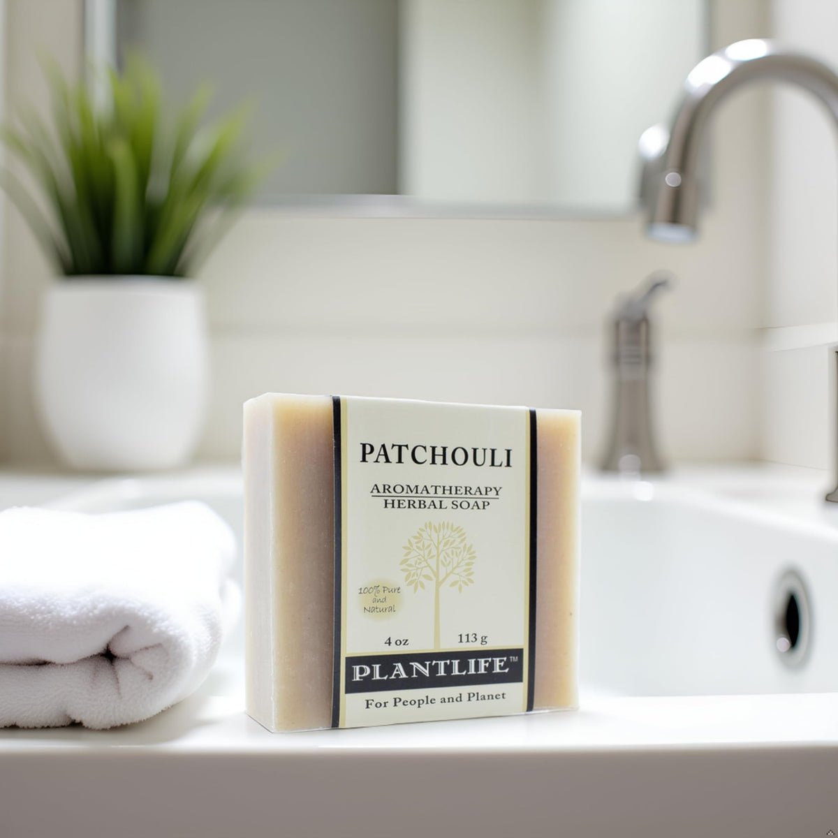 Plantlife patchouli bar side profile showing compact 4 oz size benefit