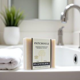 Plantlife patchouli bar side profile showing compact 4 oz size benefit
