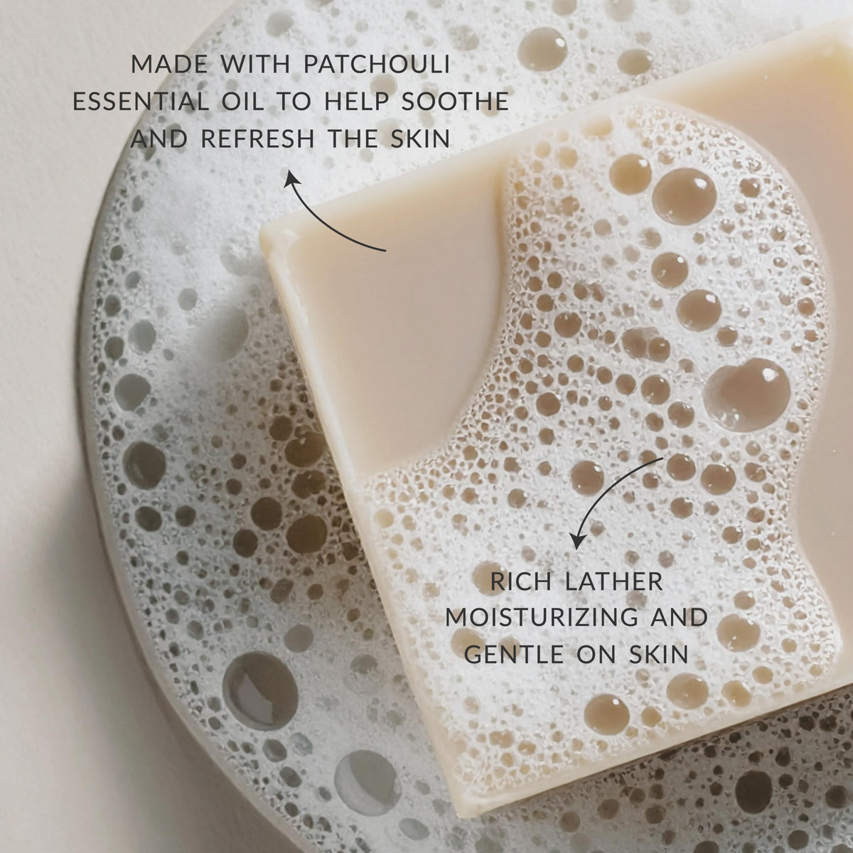 Plantlife patchouli bar texture close-up highlighting smooth moisturizing surface