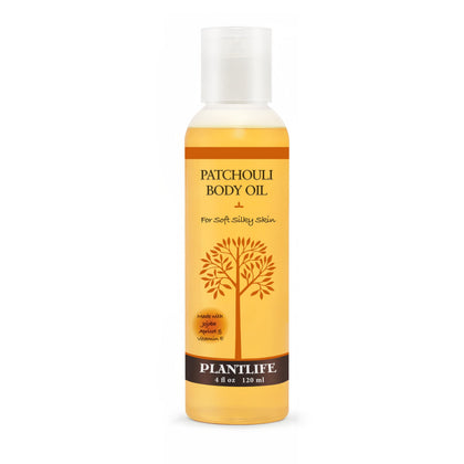 Plantlife patchouli body oil front bottle showing clean packaging and natural appeal