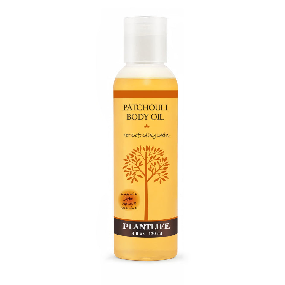 Plantlife patchouli body oil front bottle showing clean packaging and natural appeal