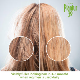 Plantur 39 bottle beside highlighted ingredients illustrating active complex