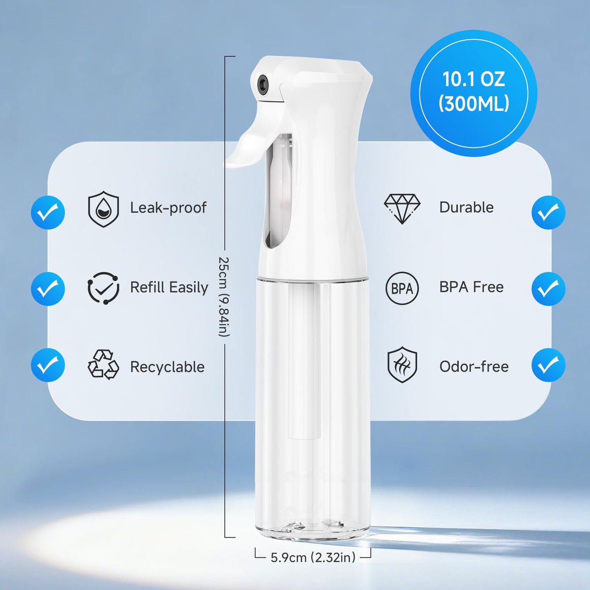 Plaode close-up of continuous-spray nozzle highlighting fine mist performance and easy control