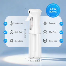 Plaode close-up of continuous mist nozzle showing fine even spray for smooth styling