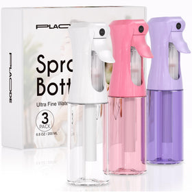 Plaode front view of three 200ml bottles in white, pink and purple showing compact set and colors